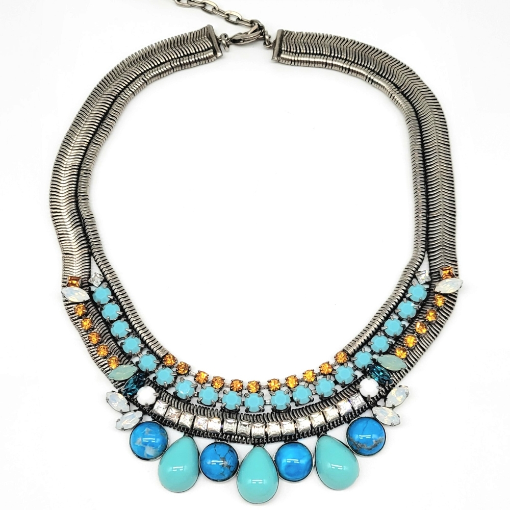 Dannijo Turquoise and Muticolor Swarovski Crystal Tribal Statement Necklace
